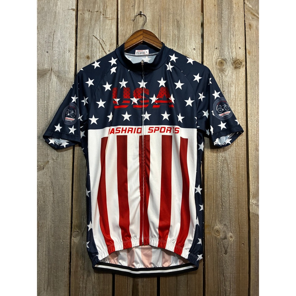 Nashrio Sports American Flag Cycling Jersey Mens Large Stars Stripes Red Blue